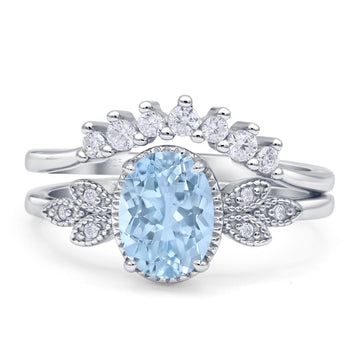 Vintage Style Band Oval Piece Bridal Set Ring Simulated Aquamarine 925 Sterling Silver Wholesale